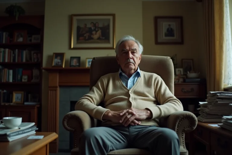 Homme d'âge moyen assis immobile dans un fauteuil usé face à une télévision éteinte, incarnant la routine et l'opposé de l'aventure