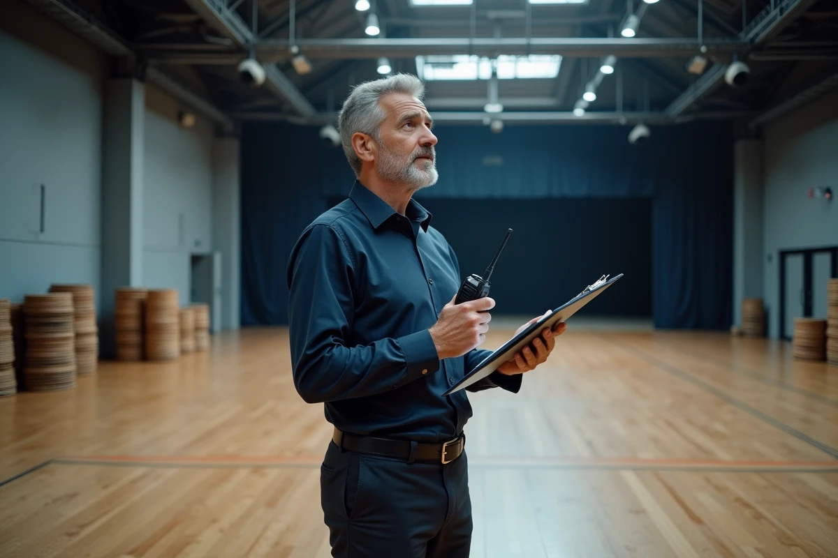 Coordinateur d'événements inspectant une grande salle de réception vide avant l'installation