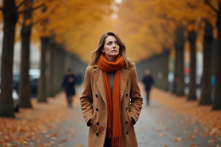 Femme en manteau camel marchant sous les arbres aux couleurs d'automne sur un boulevard parisien