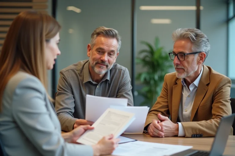 Couple discutant du terme de leur hypothèque avec un conseiller financier dans une banque moderne