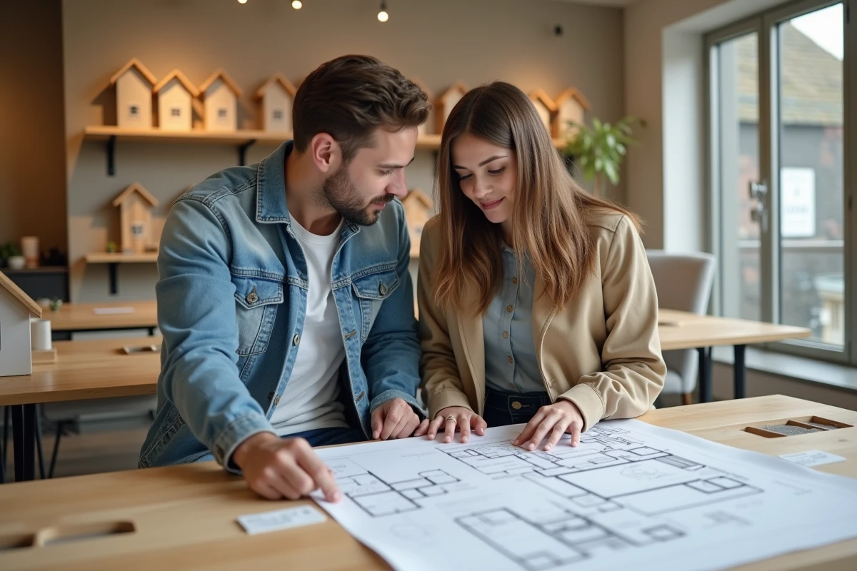 Couple examinant des plans architecturaux dans un showroom de maisons préfabriquées
