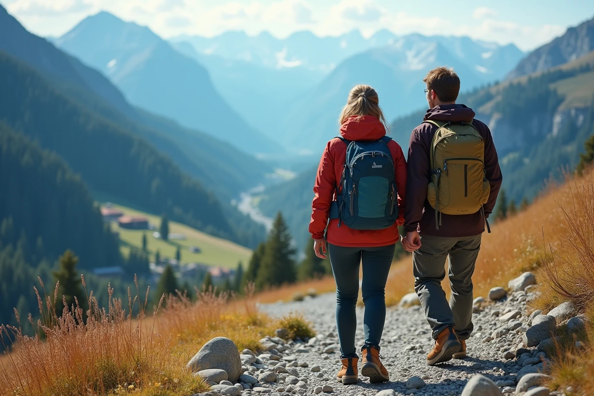 Couple de randonneurs avec sacs à dos contemplant une vallée alpine dans les Alpes françaises