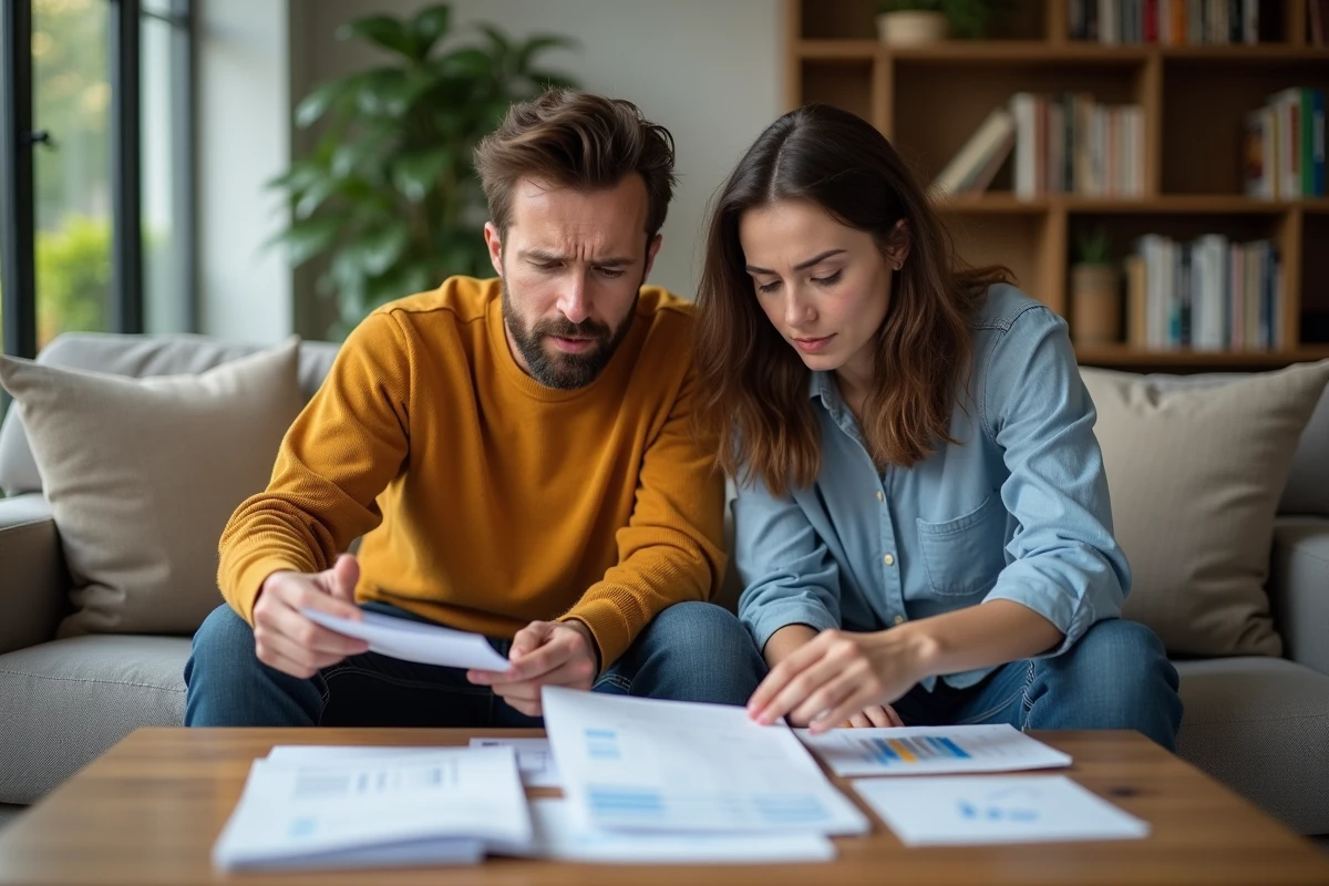 Couple examinant ensemble leurs relevés bancaires et leurs dépenses dans le salon
