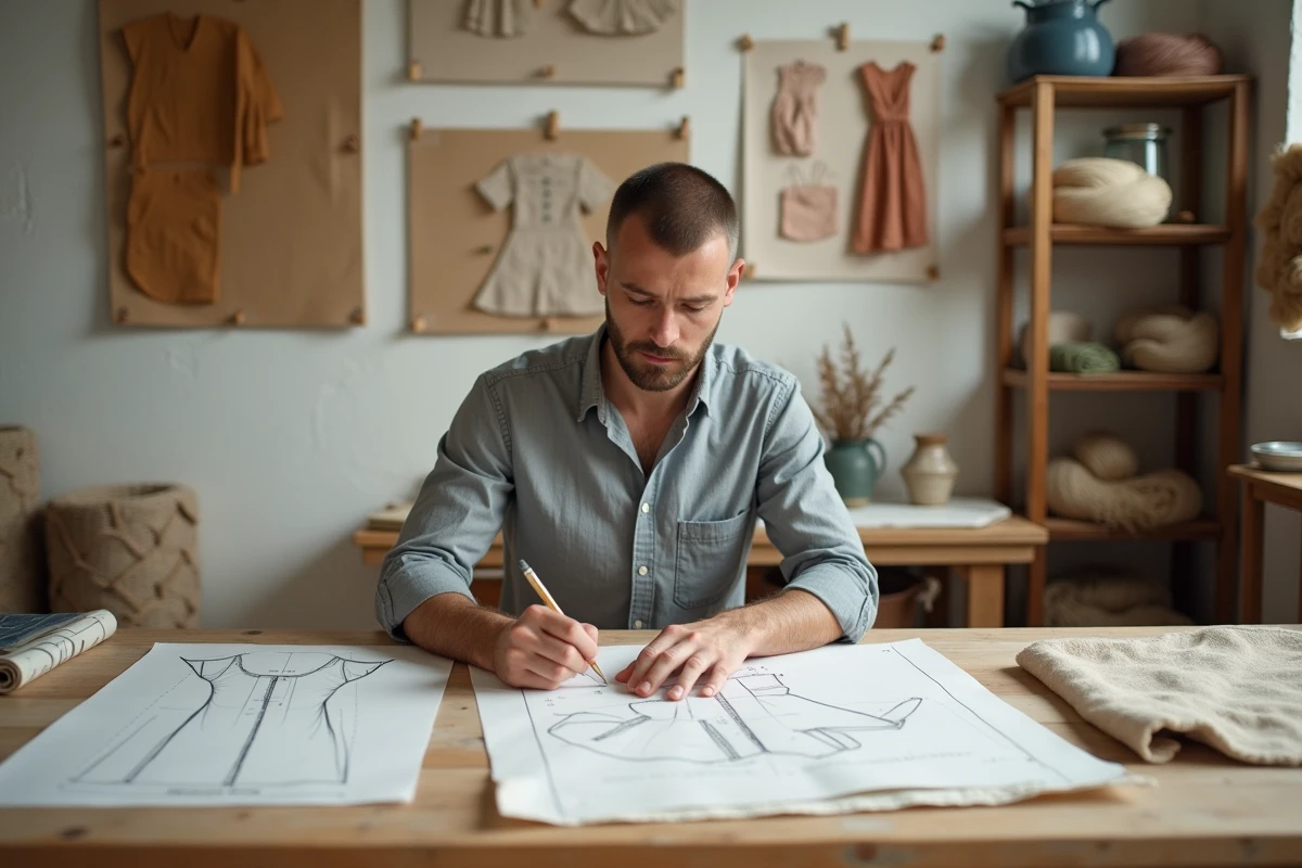 Créateur de mode durable travaillant sur des patrons dans un atelier artisanal avec des teintures végétales et tissus naturels