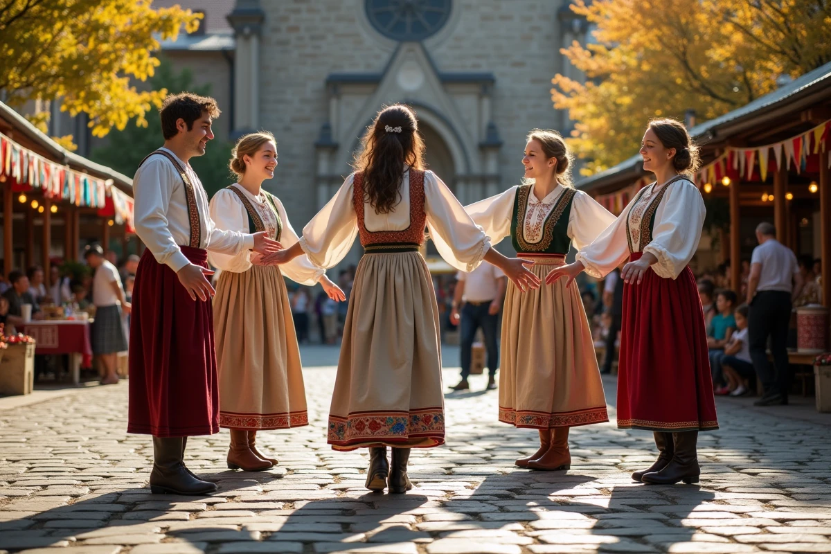 Groupe d'adultes en costumes folkloriques traditionnels dansant en cercle sur une place de village pavée lors d'une fête culturelle régionale