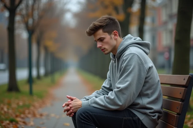 Jeune homme d'une vingtaine d'années assis seul sur un banc, regard perdu dans le vague, illustrant les premiers signes de schizophrénie chez le jeune adulte