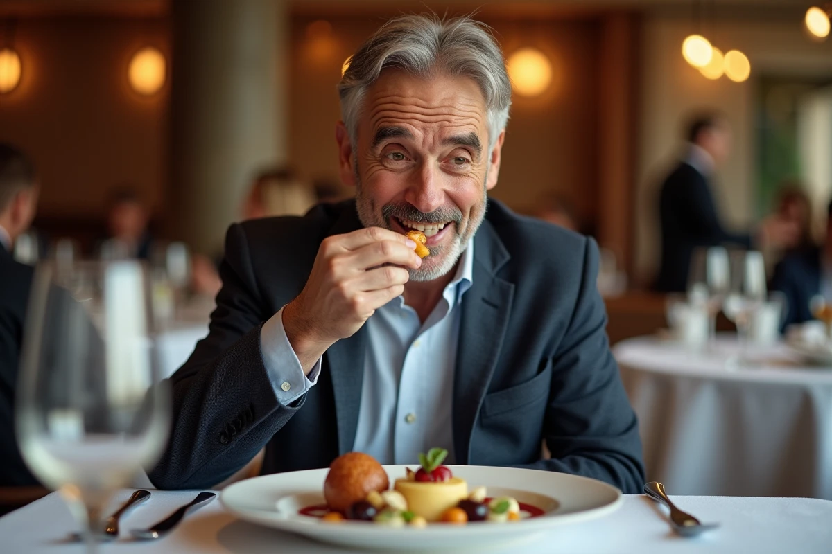 Homme élégant dégustant un dessert gastronomique raffiné dans un restaurant haut de gamme avec une expression de plaisir sincère