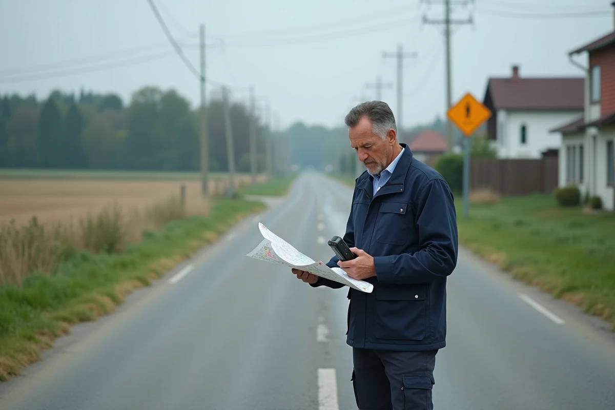 Technicien sur le terrain délimitant la frontière entre zone urbaine et zone rurale avec GPS et carte