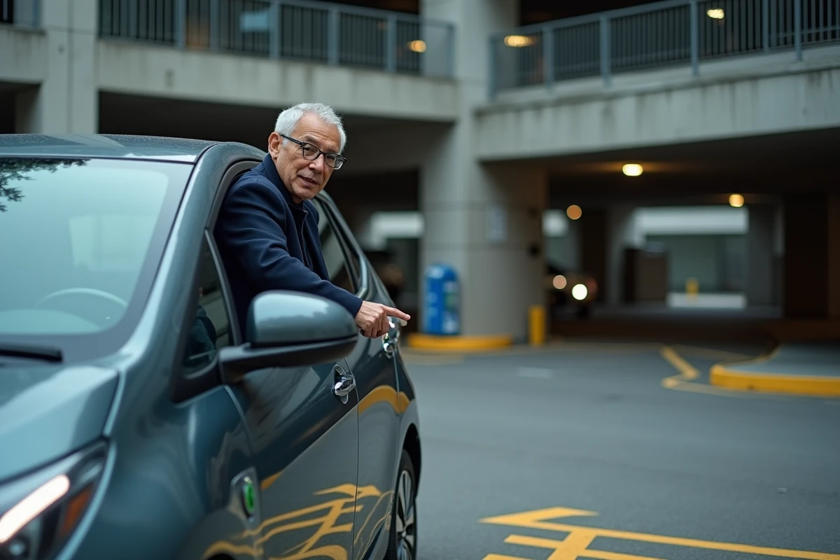 Homme démarrant une voiture hybride compacte à l'entrée d'un parking public