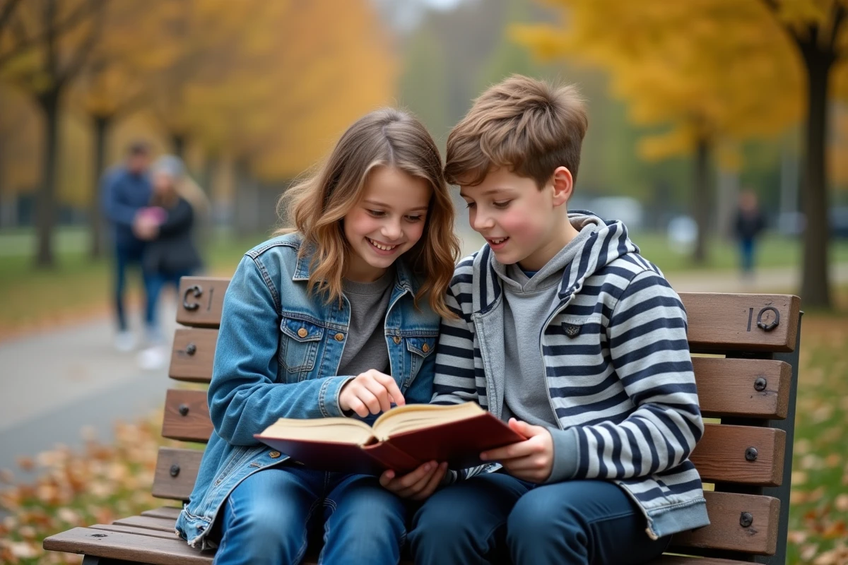 Deux adolescents beaux-frères lisant ensemble sur un banc de parc en automne, illustrant le lien fraternel positif dans une famille recomposée