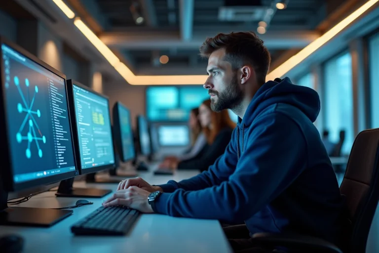 Développeur informatique analysant des diagrammes de blockchain et de cryptomonnaie sur plusieurs écrans dans un bureau tech moderne