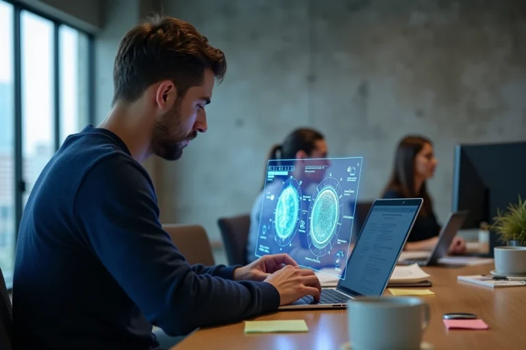 Développeur informatique analysant deux schémas blockchain sur un ordinateur portable dans un bureau moderne, illustrant les deux facettes de la technologie blockchain