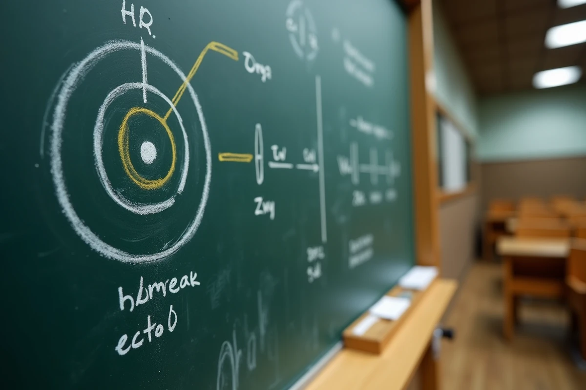 Diagramme de configuration électronique de l'atome d'hydrogène dessiné à la craie sur un tableau noir dans une salle de cours de chimie