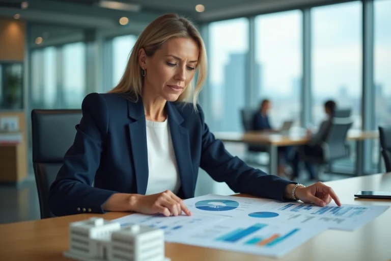 Femme professionnelle étudiant des documents immobiliers dans un bureau moderne pour comparer SCI et SCPI