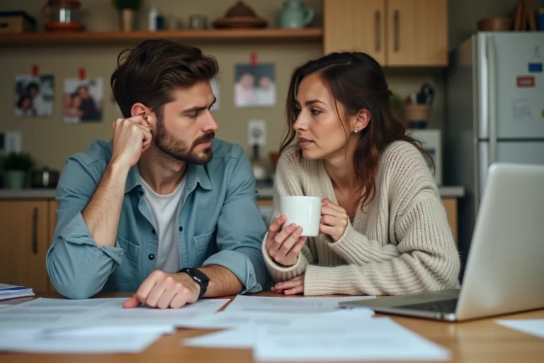 Couple en second mariage assis à une table de cuisine discutant de difficultés conjugales avec des documents éparpillés