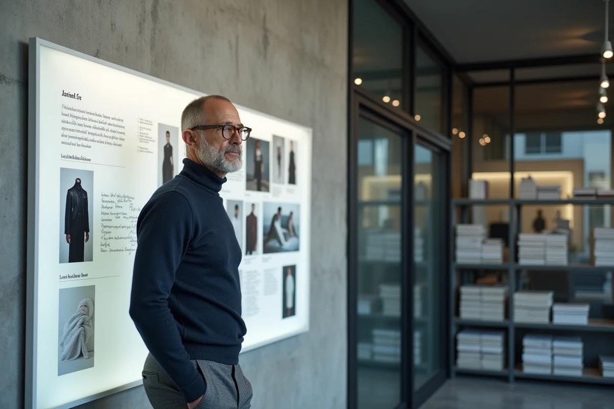 Directeur artistique de Chanel devant un tableau d'inspiration dans un bureau de création parisien contemporain