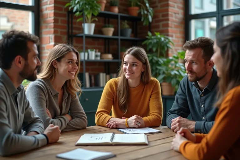 Groupe de personnes discutant de leurs valeurs personnelles autour d'une table en bois avec un carnet de notes visible