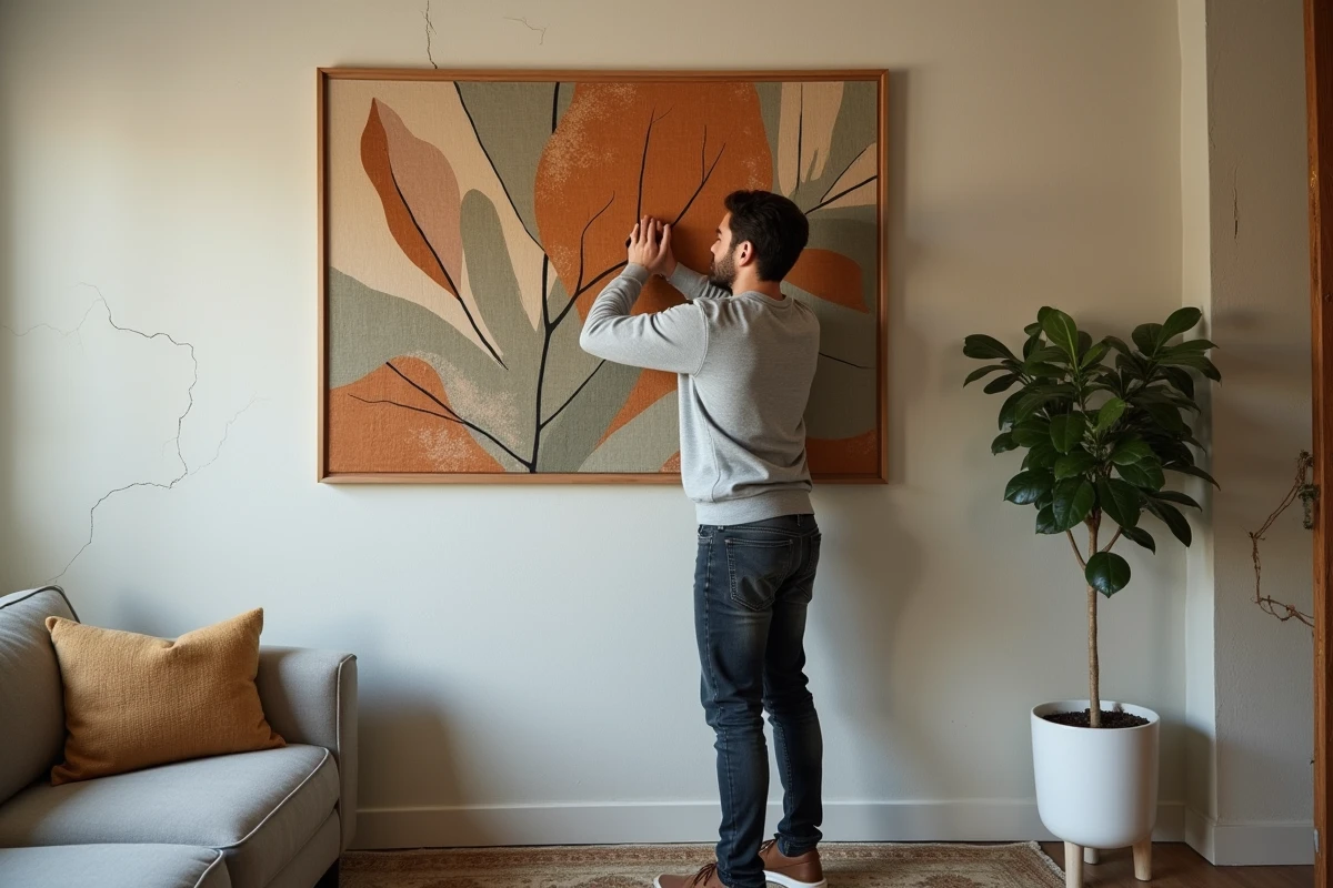 Homme accrochant un grand panneau textile décoratif pour dissimuler un mur fissuré dans un salon