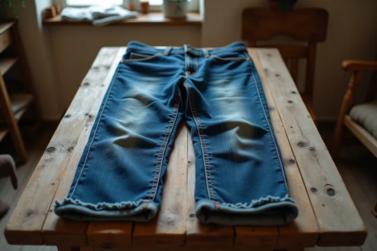Jean en denim usé posé à plat sur une table en bois, montrant des signes d'usure naturels après plusieurs années d'utilisation