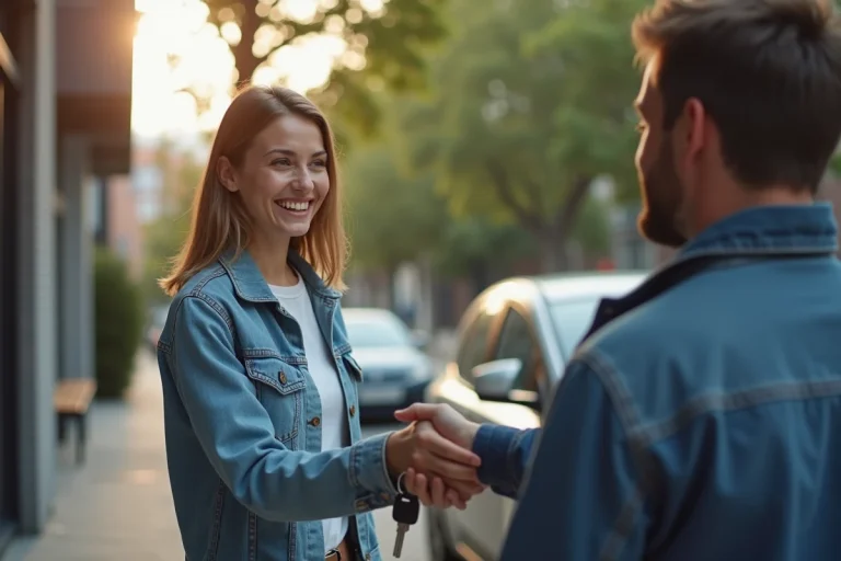 Échange de clés de voiture entre particuliers illustrant le covoiturage et l'économie du partage en milieu urbain