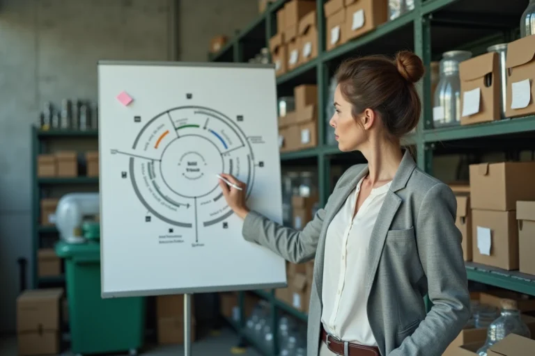 Femme étudiant un schéma d'économie circulaire dans une installation de recyclage moderne
