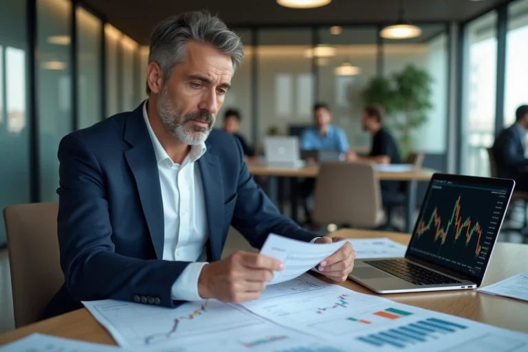 Économiste analysant des rapports financiers et des données boursières dans un bureau moderne