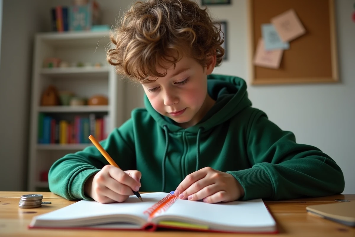 Garçon de 12 ans notant ses économies dans un carnet de budget entouré de pièces de monnaie sur un bureau en bois dans sa chambre