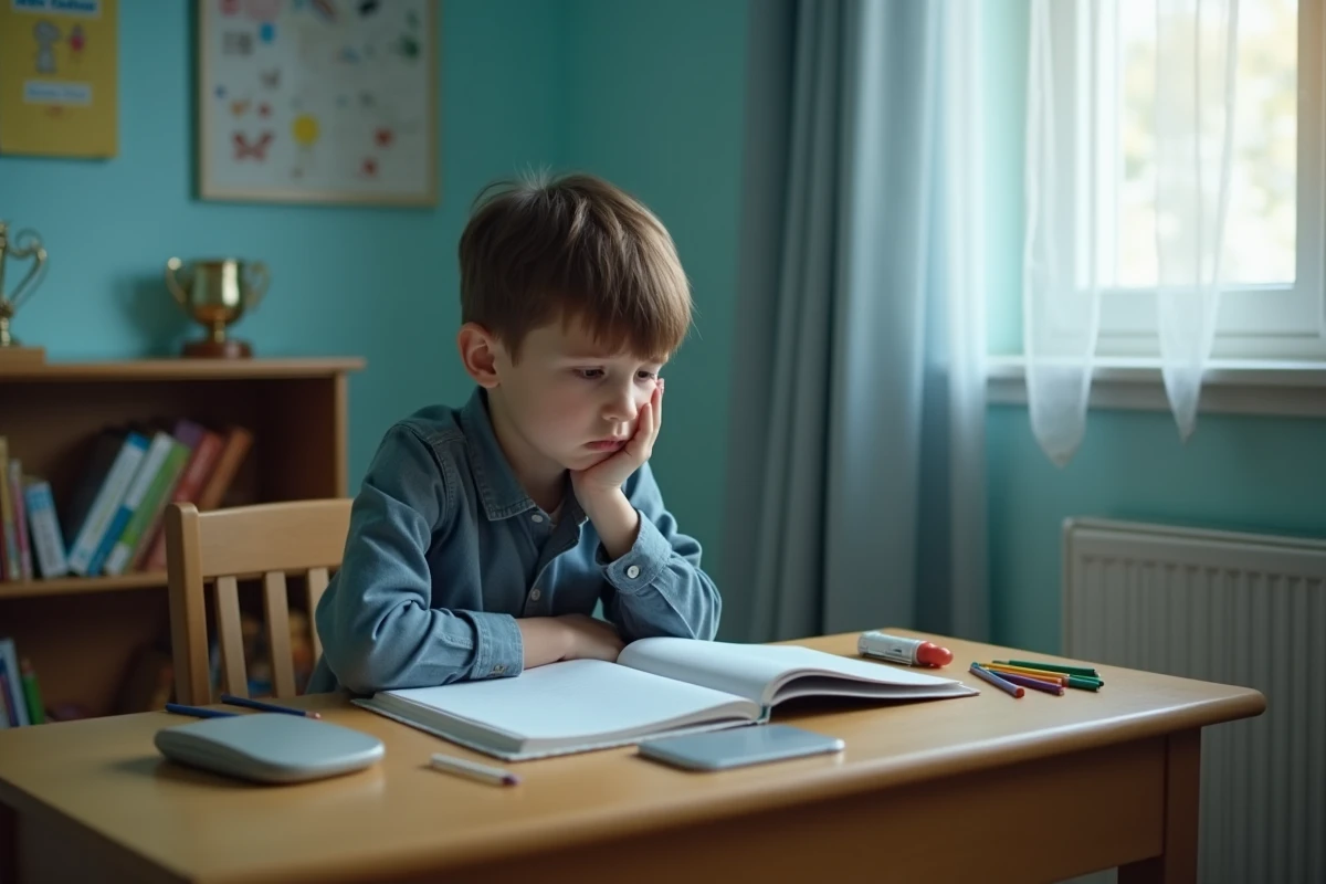 Un garçon en difficulté scolaire seul à son bureau dans sa chambre, l'air découragé face à ses leçons