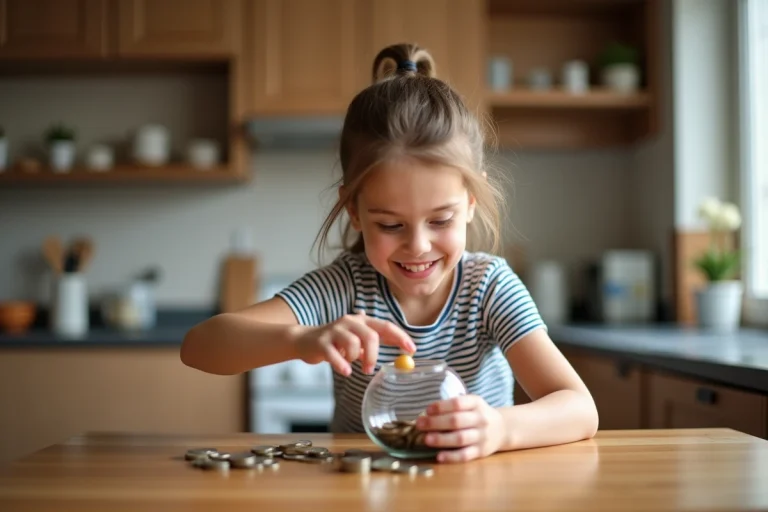 Jeune fille déposant des pièces de monnaie dans une tirelire en verre transparente sur une table en bois dans une cuisine familiale