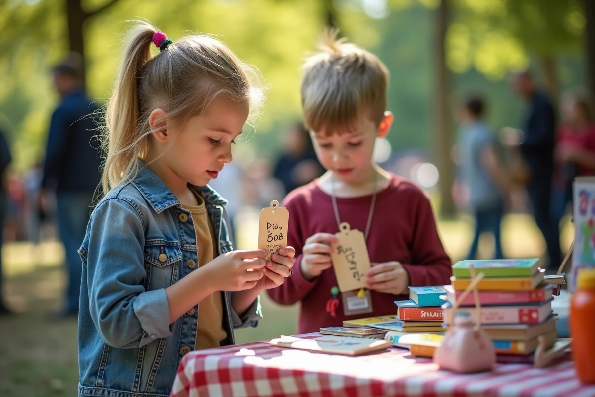 Deux enfants tenant un stand de vide-greniers en plein air dans un parc, vendant des jouets et des livres pour économiser de l'argent
