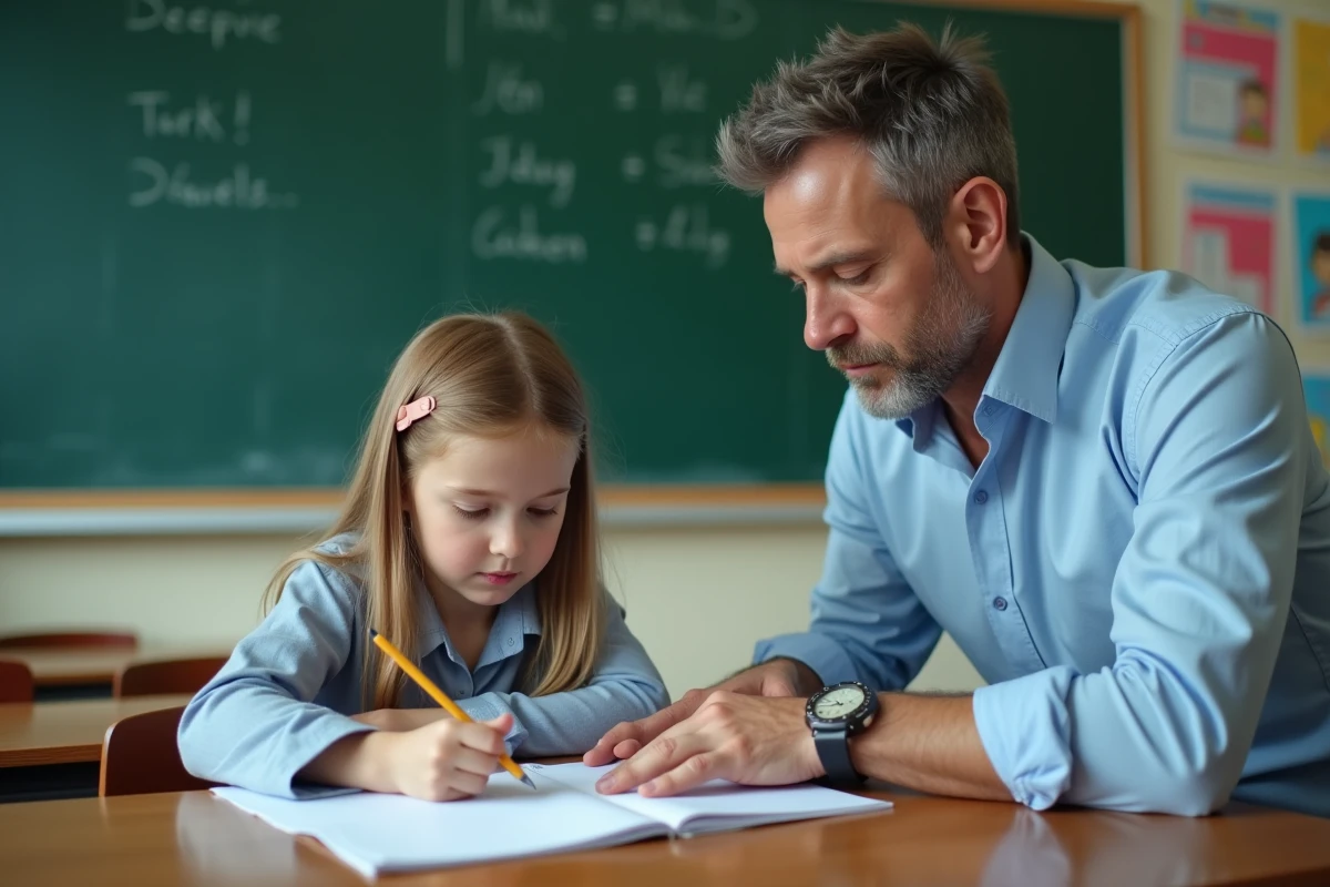 Un enseignant accompagnant une jeune élève en difficulté scolaire dans une salle de classe, penché sur son cahier