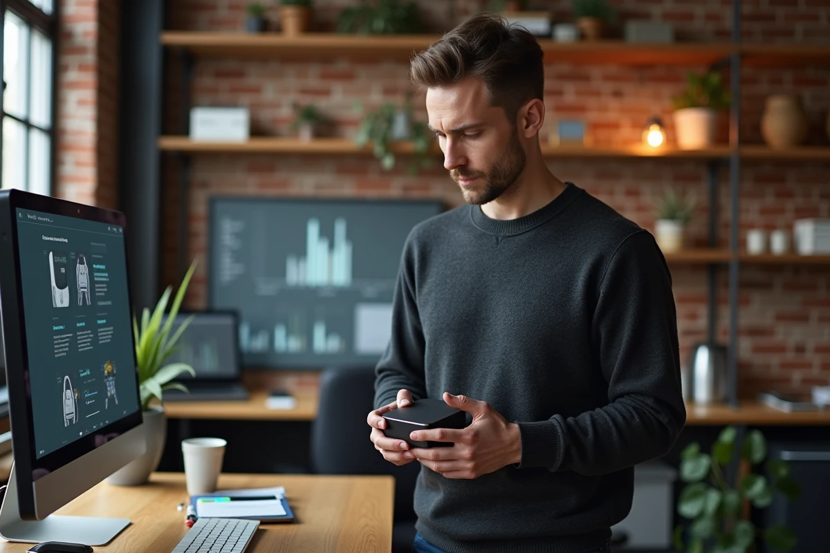 Entrepreneur tenant un gadget innovant dans un espace de travail créatif de type loft