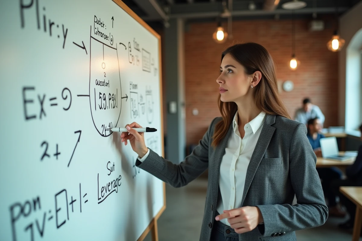 Femme entrepreneur expliquant des stratégies d'effet de levier financier devant un tableau blanc