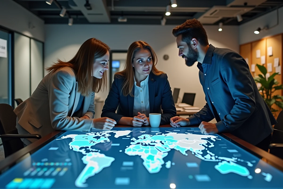 Équipe de professionnels en réunion autour d'une table tactile interactive affichant une carte mondiale des opérations et des indicateurs économiques, dans un laboratoire d'innovation d'entreprise