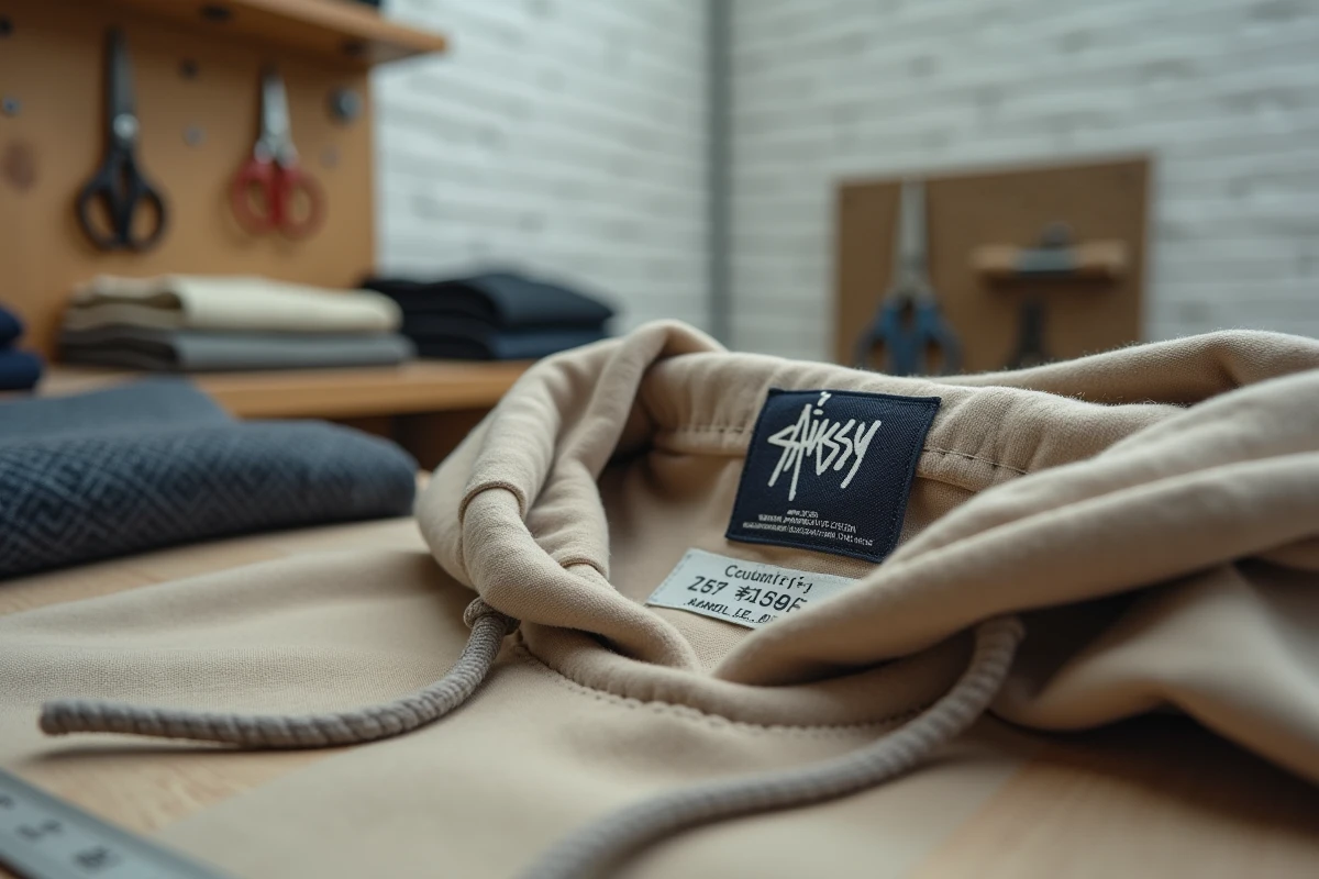 Étiquette intérieure d'un vêtement Stüssy indiquant le pays de fabrication, posée sur une table de coupe en bois