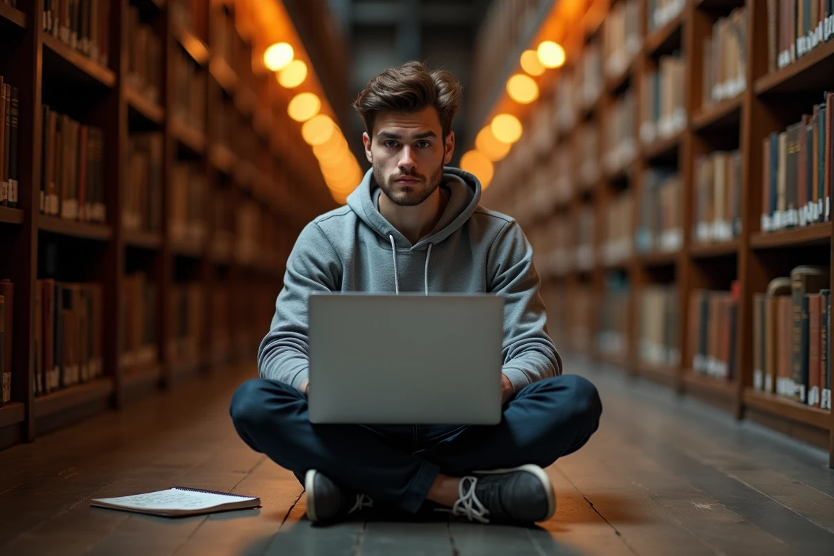 Étudiant en bibliothèque vérifiant la fiabilité des sources citées par ChatGPT sur son ordinateur