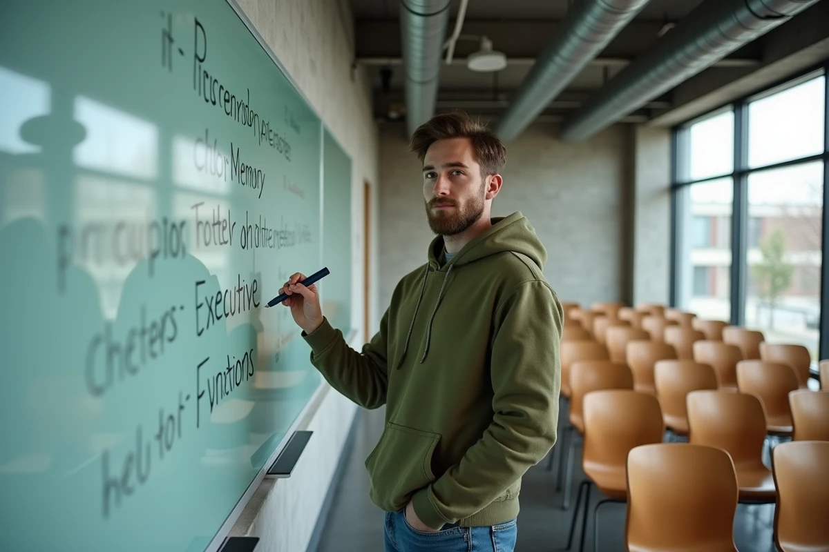 Étudiant en psychologie écrivant les quatre fonctions cognitives sur un tableau de verre dans une salle universitaire