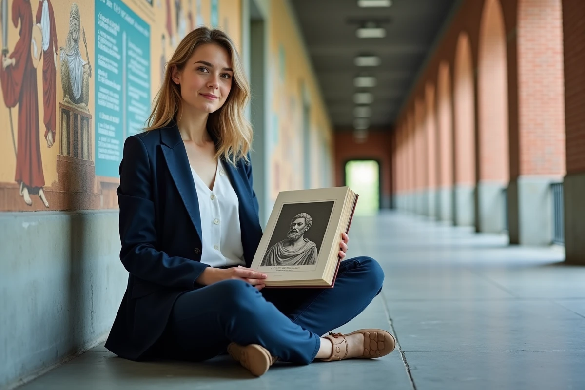 Étudiante en médecine feuilletant un livre illustré sur Hippocrate devant une fresque murale retraçant l'histoire de la médecine