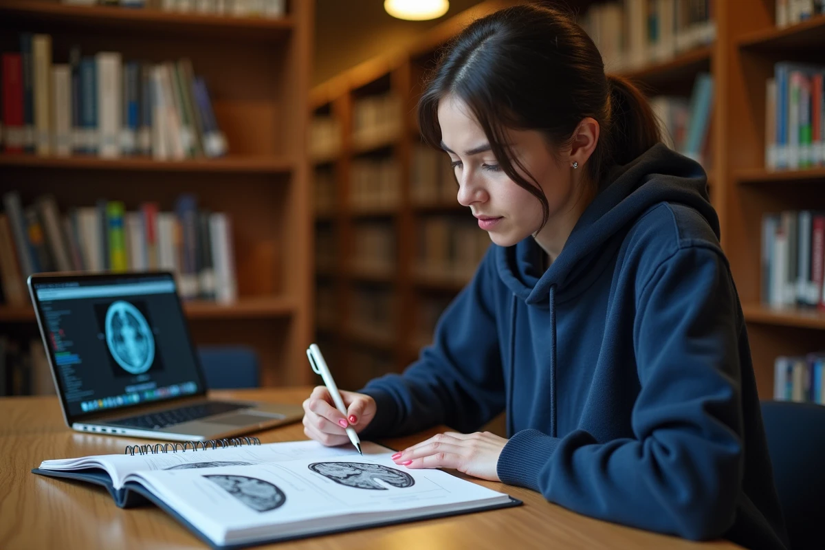 Étudiante en médecine étudiant les différences entre les séquences IRM T1 et T2 dans une bibliothèque universitaire