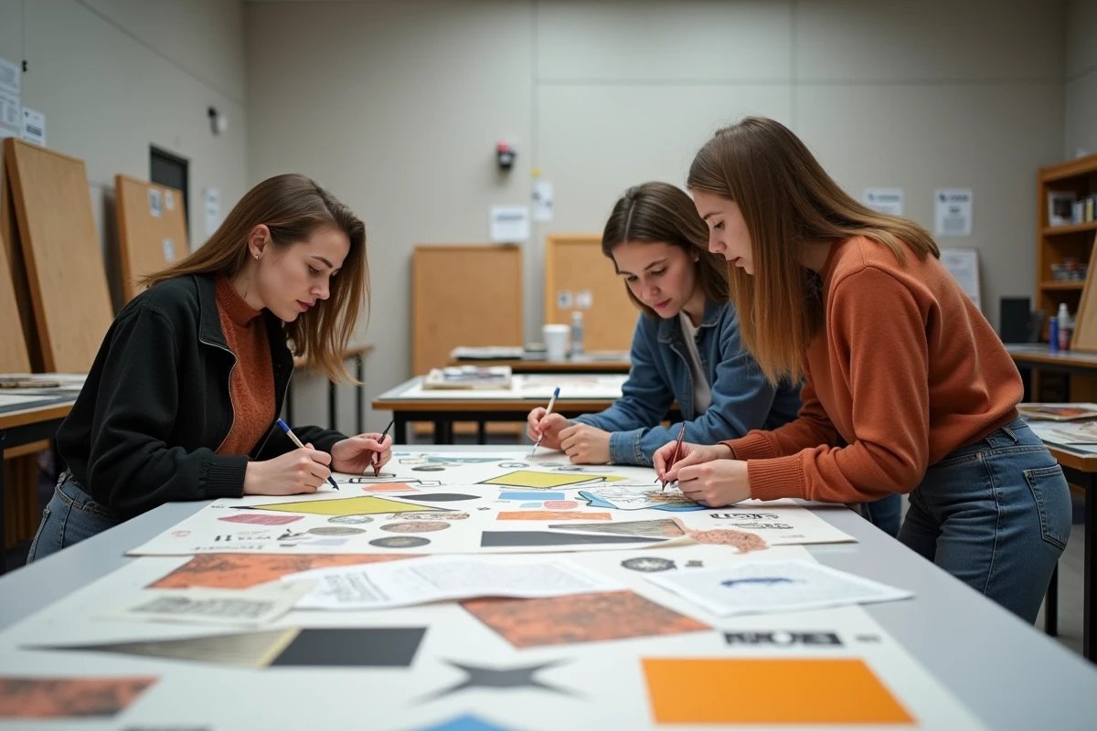 Étudiants en arts collaborant sur un projet de création 2D en papier et encre dans une salle de cours d'école d'art