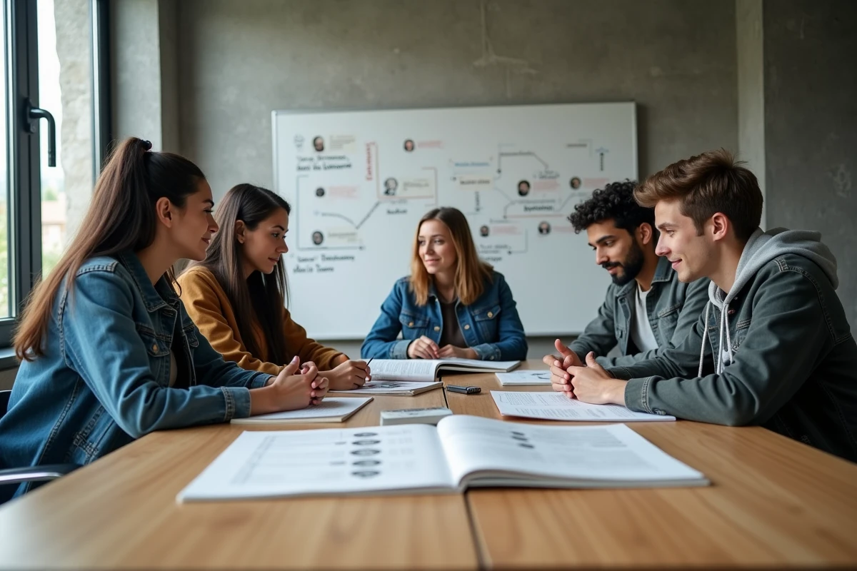 Étudiants universitaires discutant des personnalités les plus influentes de l'histoire autour d'une table de séminaire