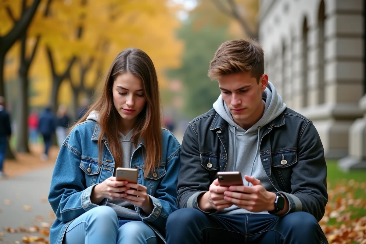 Deux étudiants consultant leurs réseaux sociaux sur smartphone assis sur un banc de campus, illustrant l'exposition des données personnelles en ligne