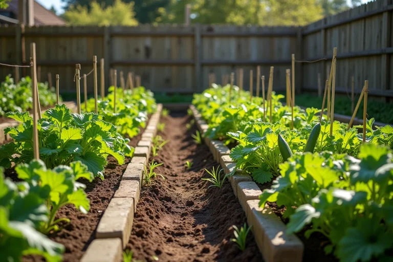 Jardin potager bien exposé au soleil avec rangées de tomates, courgettes et salades en pleine croissance dans un jardin de banlieue