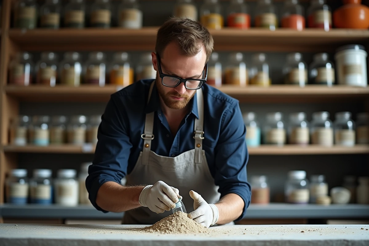 Artisan broyant des pigments minéraux sur une plaque de granit dans un atelier traditionnel de fabrication de peinture