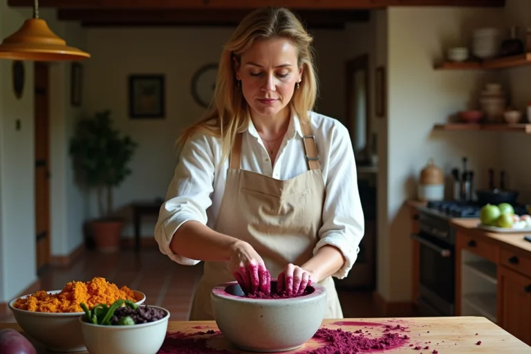 Femme préparant des pigments naturels à partir de betteraves dans un mortier en pierre dans une cuisine rustique