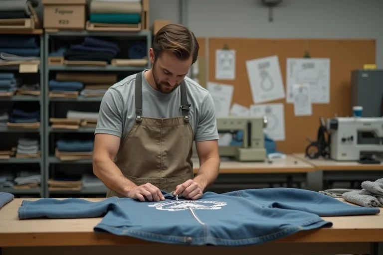 Ouvrier textile inspectant un hoodie Stüssy dans un atelier de fabrication de vêtements à Los Angeles