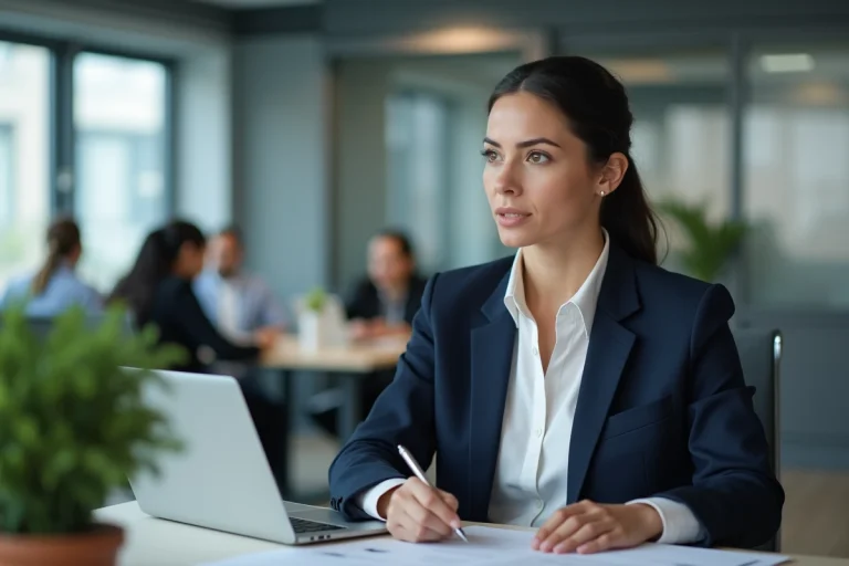 Femme cadre concentrée dans un bureau en open space, illustrant les facteurs organisationnels qui influencent le travail