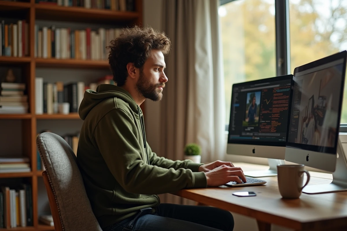 Homme en télétravail dans un bureau à domicile chaleureux, illustrant l'impact de l'environnement de travail flexible sur la productivité