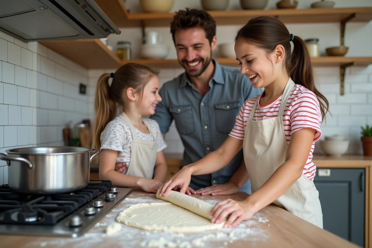 Parent et deux adolescents cuisinant ensemble dans une cuisine familiale authentique avec plan de travail enfariné et ustensiles du quotidien