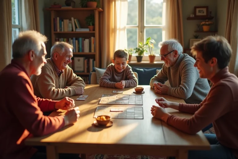 Famille multigénérationnelle jouant à des jeux de société autour d'une grande table en bois dans un salon chaleureux et authentique